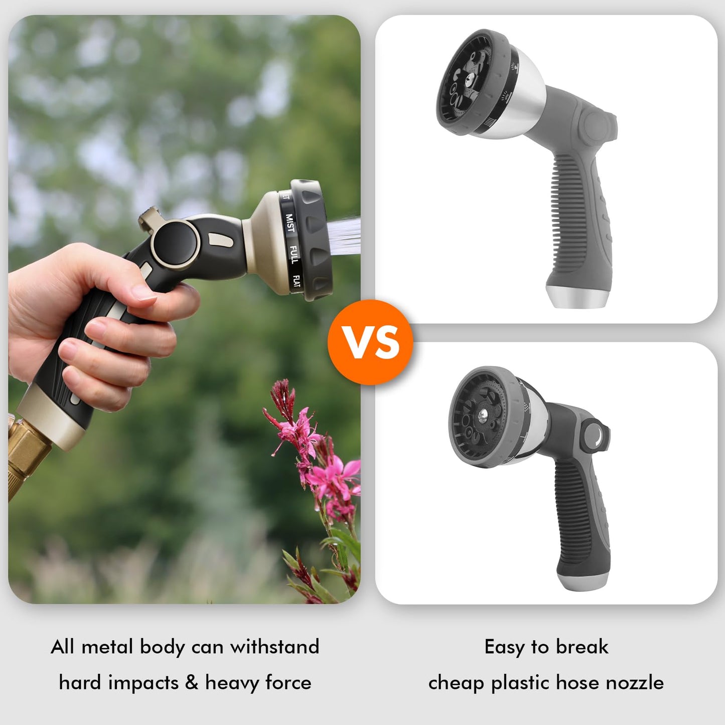 RESTMO Hose Nozzle Heavy Duty, Metal Water Hose Sprayer for Garden, 9 Spray Patterns | High Pressure | Thumb Flow Control | On/Off Valve, Ideal for Outdoor Lawn & Plant Watering, Car & Pet Washing