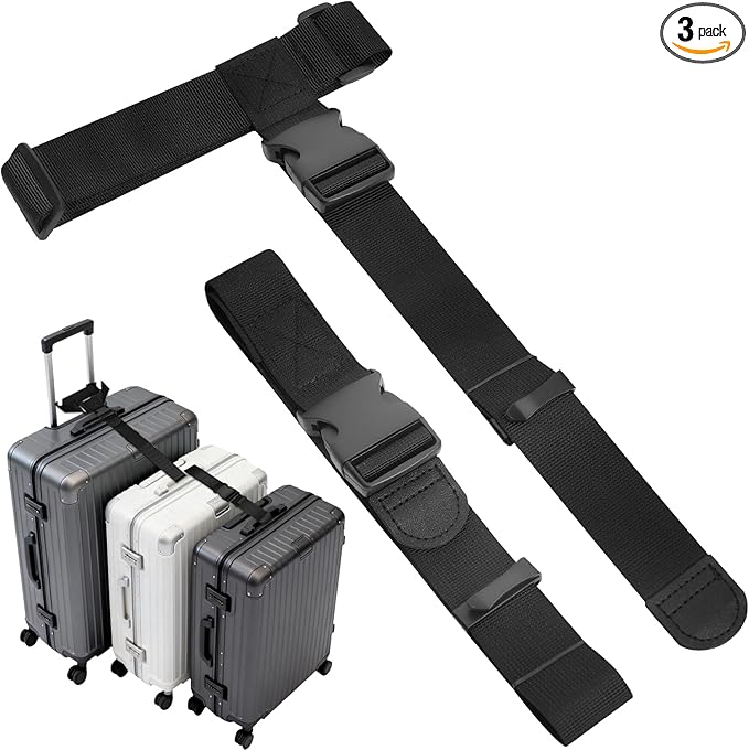 BILIONE Luggage Connector Straps, Suitcase Straps to Connect 3 Suitcases or Add A Bag, Luggage Straps for Suitcases Adjustable Buckle Belt, 2Pack Black