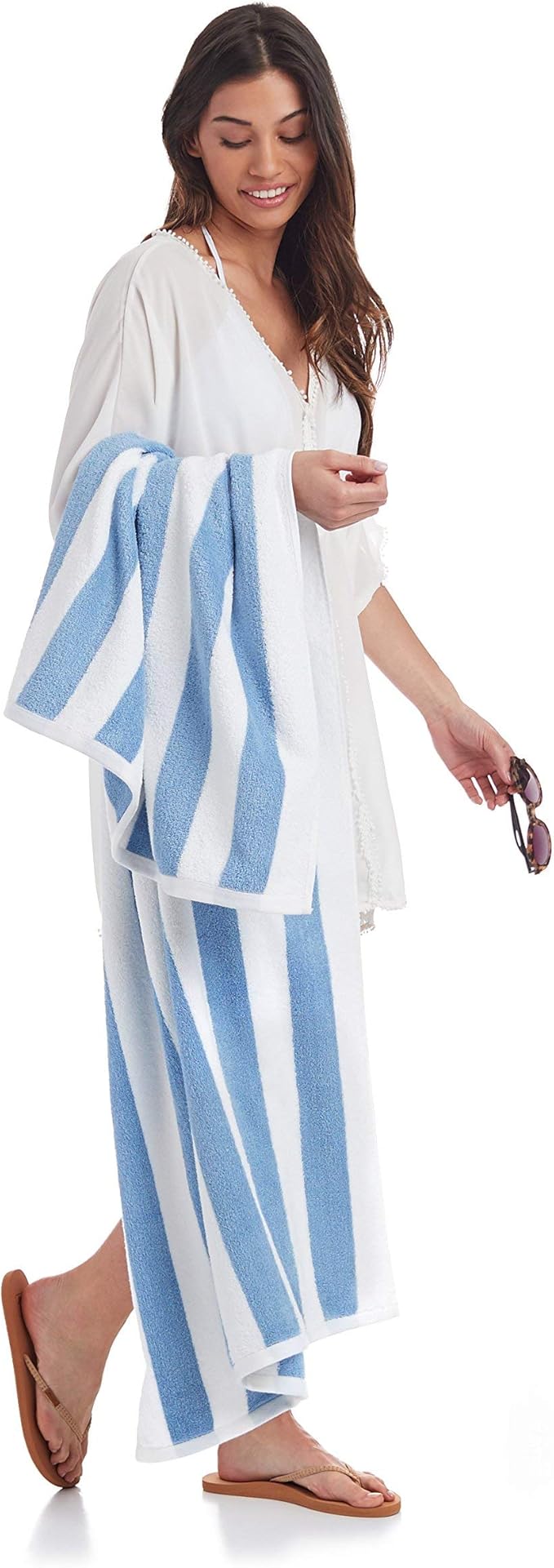 Amazon Basics Soft & Absorbent Beach Towels, 100% Cotton, Cabana Stripe, Machine Washable, Quick Dry, Large 30" x 60", Sky Blue, 2-Pack