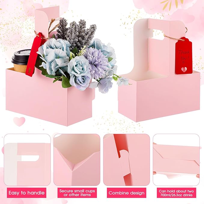 MotiMind 150 Pack Mother's Day 2 Cup Drink Carrier with Handle, Kraft Paperboard Teacher Cup Holder Portable for Hot Cold Drinks, Coffee Carrier Gift with Heart Card Rope (Pink)