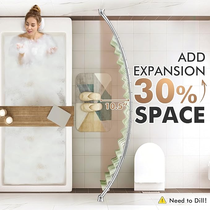 Bonpally Curved Shower Curtain Rod for Bathroom, 40-72 Inches Adjustable Curved Shower Rod, 0.9MM Rustproof Shower Curtain Rod with Rotating Brackets for Extra Shower Space, Need to Drill, Chrome