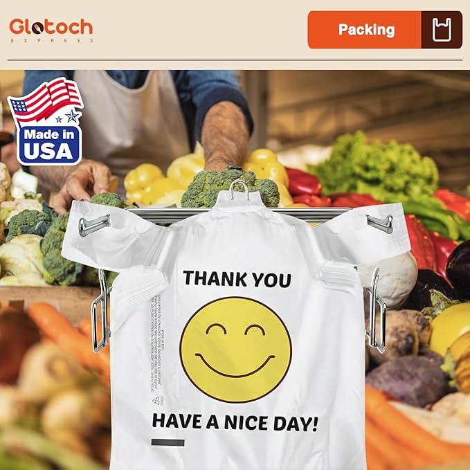 Glotoch 20000 (20K) Ct Plastic Thank You T-shirt Bags Smile Face, 11.5 x 6.5x 21" Have Nice Day Grocery Shopping Gift Bag with Handles for Restaurant, Retail, Togo, Convenience Store, in Bulk Business