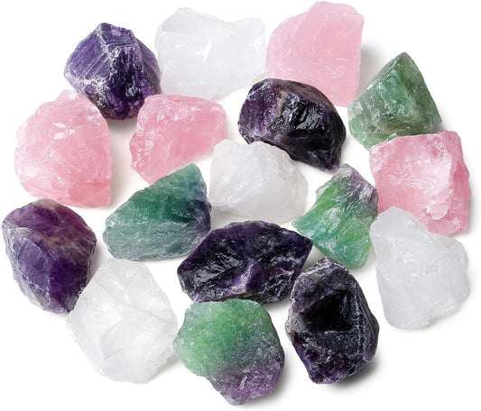 ZHIYUXI 2" Amethyst Rose Quartz Clear Quartz Fluorite Raw Crystals and Stones 4Pcs Crystals Bulk Real Huge Rocks for Tumbling Witchcraft Wrapping Fountain Rocks Cabbing Room Decor