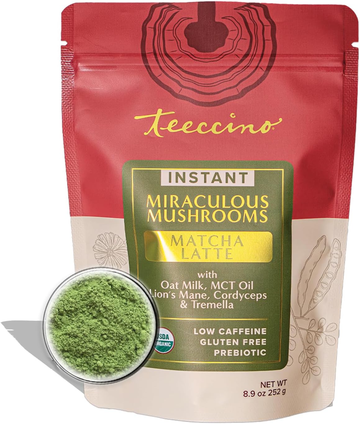 Miraculous Mushrooms Instant Matcha Latte by Teeccino - 8.9 Ounce - Organic Matcha Latte with MCT Oil and Adaptogenic Mushrooms - Lion’s Mane, Cordyceps & Tremella -Antioxidants, Prebiotic