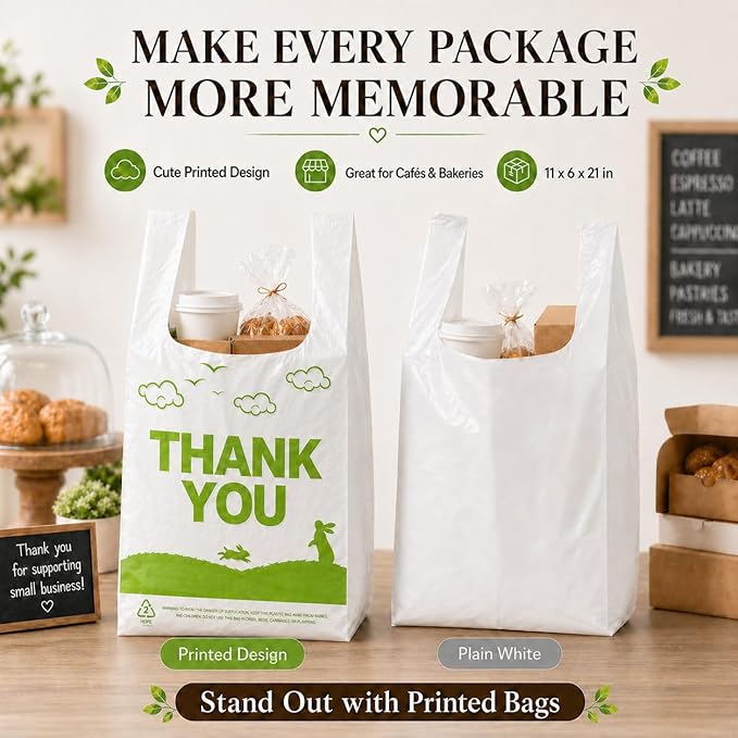 YoYoRain White Thank you T shirt bag, Grocery shopping bag Reusable and Disposable Supermarket Bag 11''x6''x21'' 300PCS