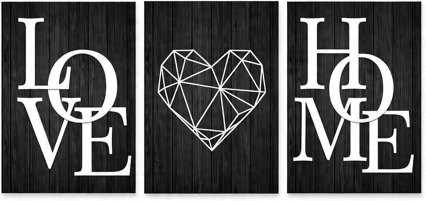 3 Piece Geometric Heart Canvas Wall Art Set - Black Wood Grain Modern Minimalist Prints Unframed Ready to Hang, 16x24 Inch for Living Room Bedroom