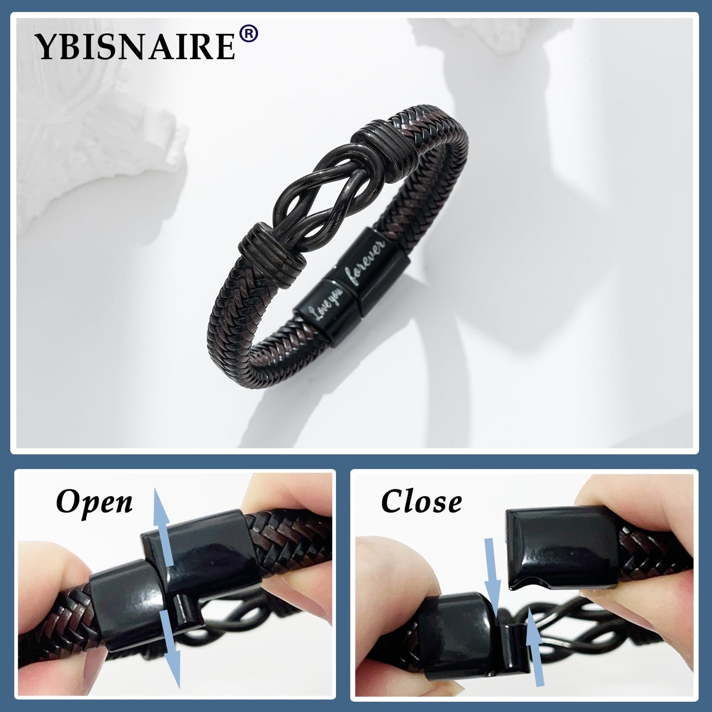 YBISNAIRE Gifts for Mens Husband from Wife, Cool Love Infinity Mens Leather Bracelets for Man Him Birthday Gifts Ideas Present for Christmas Anniversary Retirement Fathers Day