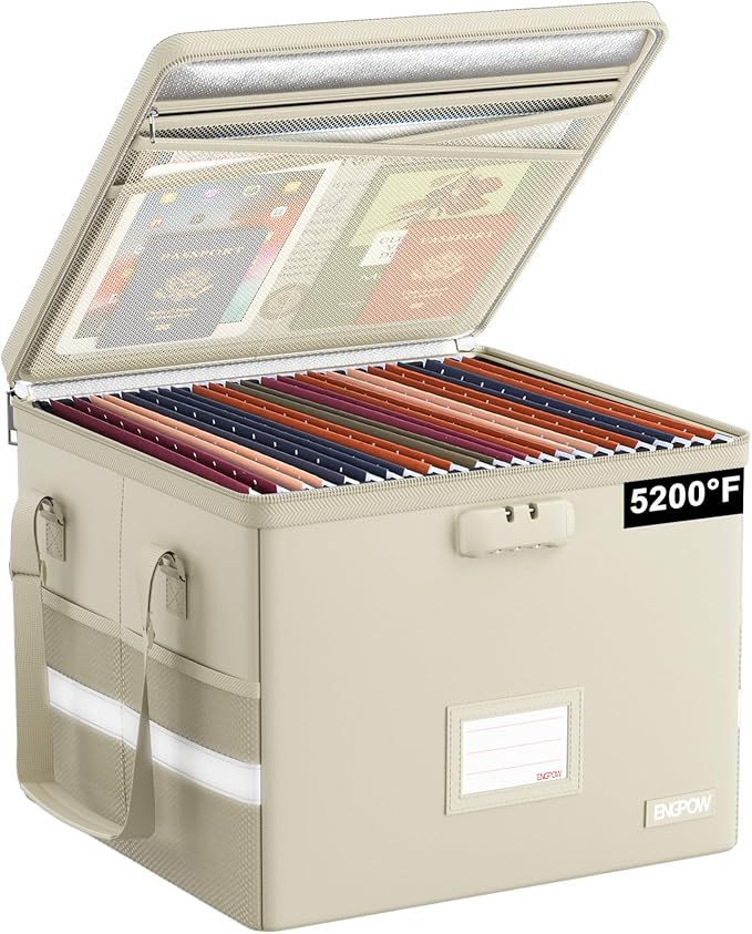 ENGPOW 5200Â°F File Box Fireproof Document Box with Lock,Heat Insulated Collapsible File Storage Organizer Box with Handle,Portable Home Office File Cabinet for Hanging Letter/Legal Size Folder, Beige