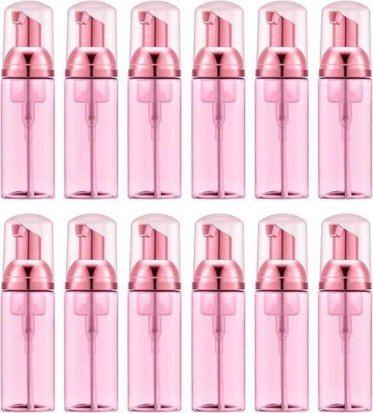 Lil Ray 2 Oz Empty Clear Rose Red Foam Pump Bottle, Travel Foamer Soap Dispenser for Lash Shampoo, Hand Soap, Foaming Cleaner(Rose Red Pump, 12 PCS)