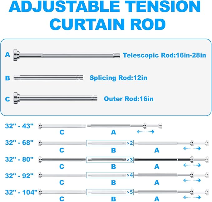 TEECK Shower Curtain Rod, 32-92 inch Adjustable Spring Tension Curtain Rod, Never Rust Anti-Slip Shower Curtain Rod for Bathroom, No Drilling, Never Collapse, Easy to Use, Silver