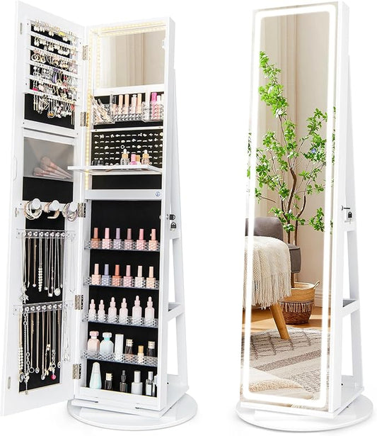 GOFLAME 360Â° Swivel Jewelry Cabinet Armoire with Full Length Mirror, Standing Jewelry Storage Organizer with Rear Storage Shelves, 3-Color LED Lights, Foldable Shelf, Interior Mirror, White