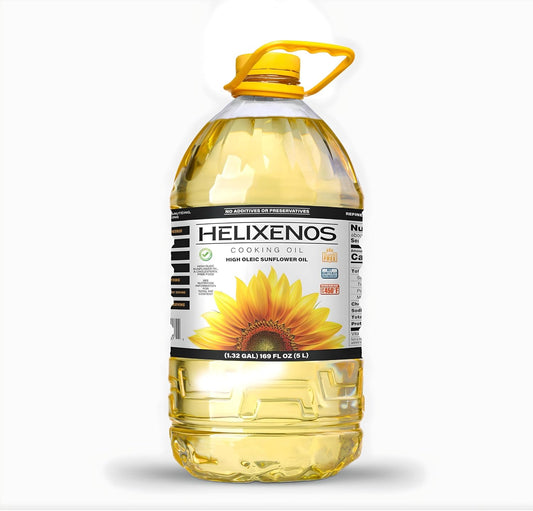 HELIXENOS High Oleic Sunflower Oil – Refined, Deodorized & Winterized, Non-GMO, Gluten-Free, Heart-Healthy Cooking Oil for Frying, Baking, Salad Dressing & Skincare – (169 Fl Oz x1)