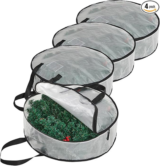 4 Pack Clear Christmas Wreath Storage Bags 24 Inch - Waterproof Oxford Wreath Container with Dual Zipper and Reinforced Handles for Artificial Wreath, Garland and Holiday Decor Organization