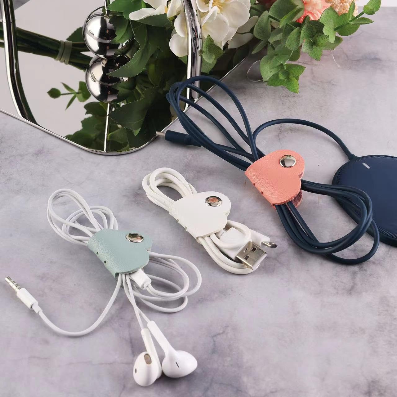 Heart Cord Organizer Earbud Holder Earphones Headphones Cable Winder Earbud Organizer, 3PCS PU Leather Cable Organizer Gifts for Men Women lover, Matcha Green/Pink/White