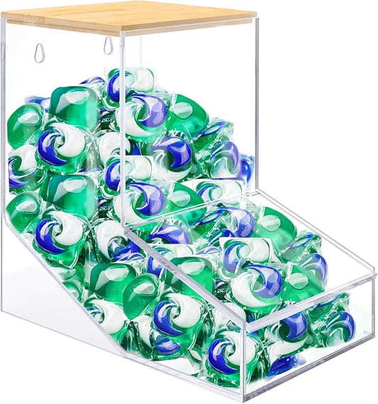 JYPS Laundry Box,Acrylic Dishwasher Pod Holder with 2 Lids,Powder Dispenser,Drying Balls,Beads,Soap Organizer for Room Table/Wall Mounted,Snack Candy Storage (1pcs-bigger)