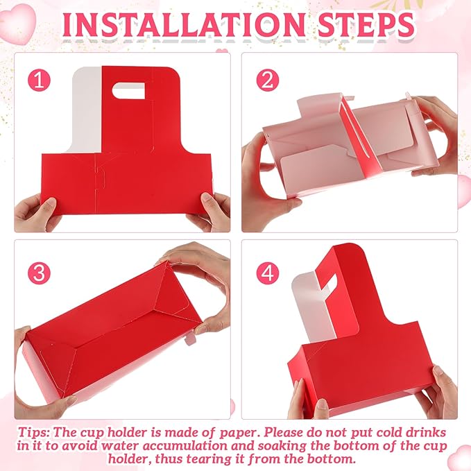 MotiMind 20 Pack Mother's Day 2 Cup Drink Carrier with Handle, Kraft Paperboard Teacher Cup Holder Portable for Hot Cold Drinks, Coffee Carrier Gift with Heart Card Rope (Red)