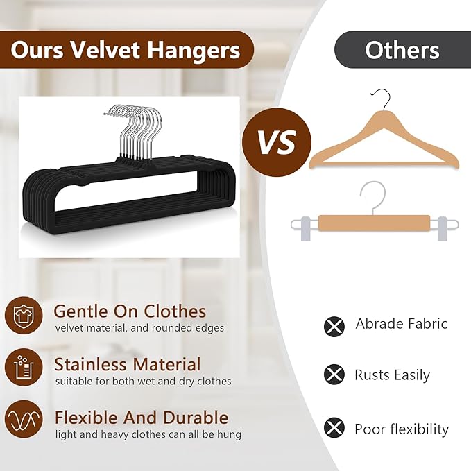 50 Pack Velvet Hangers Non Slip, Felt Pants Hangers Thin Space Saving Clothes Hanger Flocked Strong Durable Ganchos para Colgar Ropa with 360°Swivel Hook for Pants Jeans Shorts Tank Top, Linen White