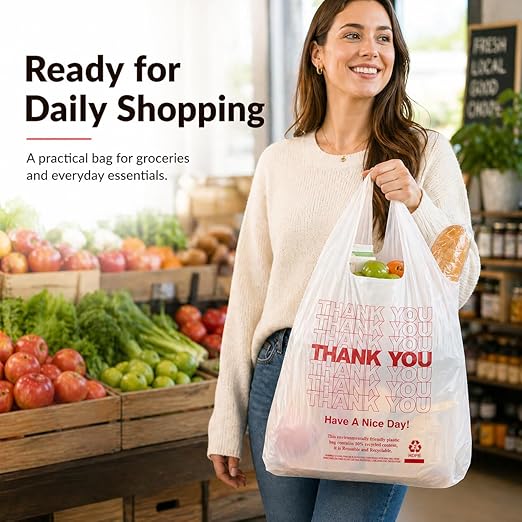 YoYoRain 1000 Pack White Thank You T-Shirt Bags with Handles, 11"x6"x21" Plastic Shopping Bags for Grocery, Retail & Takeout