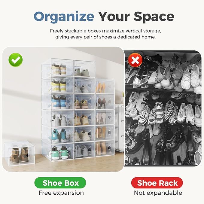 DUMOS Clear Shoe Storage Boxes, 12-Pack Plastic Stackable Shoe Containers with Lids, Display Sneaker Case Organizer for Closet, Under Bed, Entryway,White (Fit Size 11)