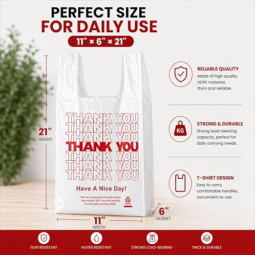 YoYoRain 1000 Pack White Thank You T-Shirt Bags with Handles, 11"x6"x21" Plastic Shopping Bags for Grocery, Retail & Takeout