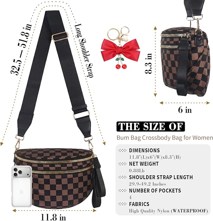 Checkered Crossbody Bag for Women, Spacious Sling & Stylish Bum Bag for Travel, Concerts, Festival, Nylon Fanny Pack Belt Bag (Brown Black Checkered)