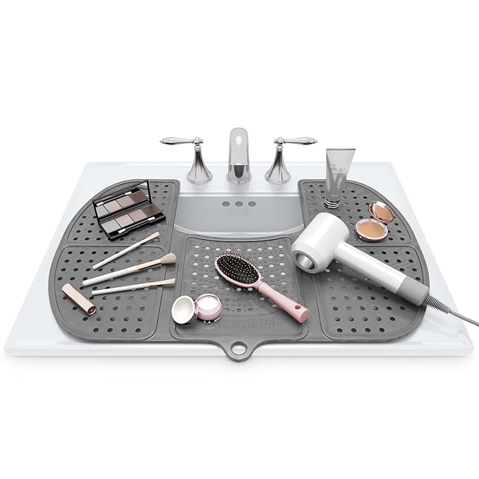 Sink Topper Bathroom Counter Cover & Storage Saver, Foldable Silicone Mat for Hot Tools, Hair Styling & Makeup, Beauty Brush Cleaning Mat, RV Camper Sink Cover & for Small Spaces (Large Silver)