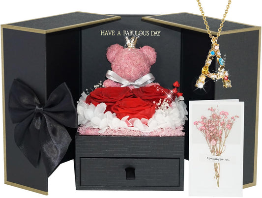 ADDWel Preserved Rose Gifts for Her - Eternal Rose Gifts for Women Mom Girlfriend Wife Sister on Birthday Anniversary, Unique Forever Preserved Rose Box with Personalized Initial Letter Necklace A
