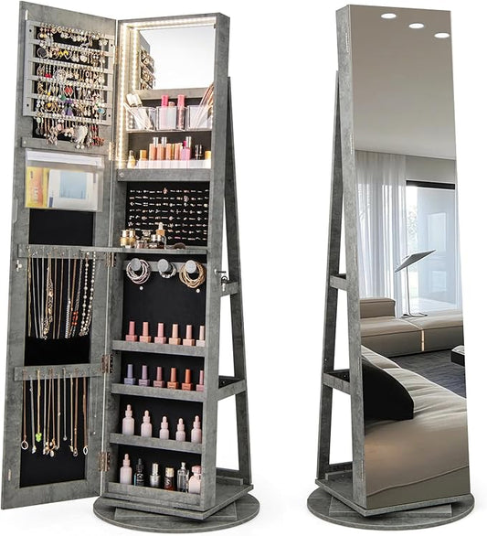 CHARMAID 360Â° Swivel Jewelry Armoire with Full Length Mirror, Rear Storage Shelves, Lockable Standing Jewelry Cabinet Organizer with Interior Vanity Mirror and 3-Color Lights (Stone Gray)