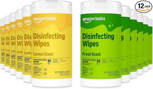 Amazon Basics Disinfecting Wipes, Lemon & Fresh Scent, Sanitizes, Cleans, Disinfects, Deodorizes, 340 Count (12 Packs of 85), Packaging May Vary