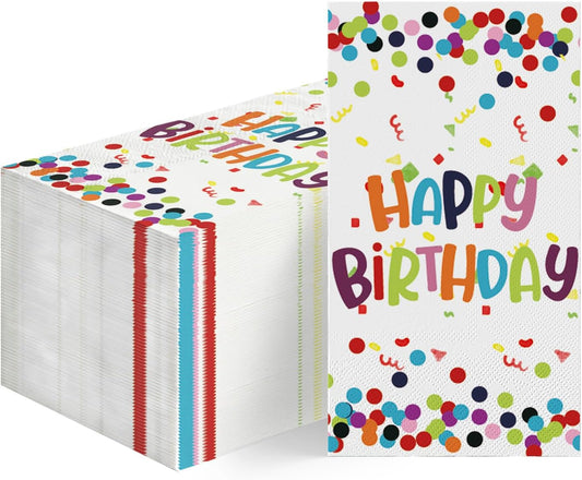 Horaldaily 100 Birthday Disposable Paper Decorative Guest Napkins, Happy Birthday Dots Streamers Hand Towel for Party Lunch Dinner Kitchen Bathroom