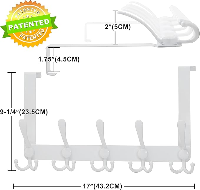 Dseap Over The Door Hook Hanger - Fits 1 3/8" to 1 3/4" Standard Doors | 5 Tri Hooks Heavy Duty Towel/Coat Rack | Door Organizer for Clothes, Jackets, Hats, Towels, White