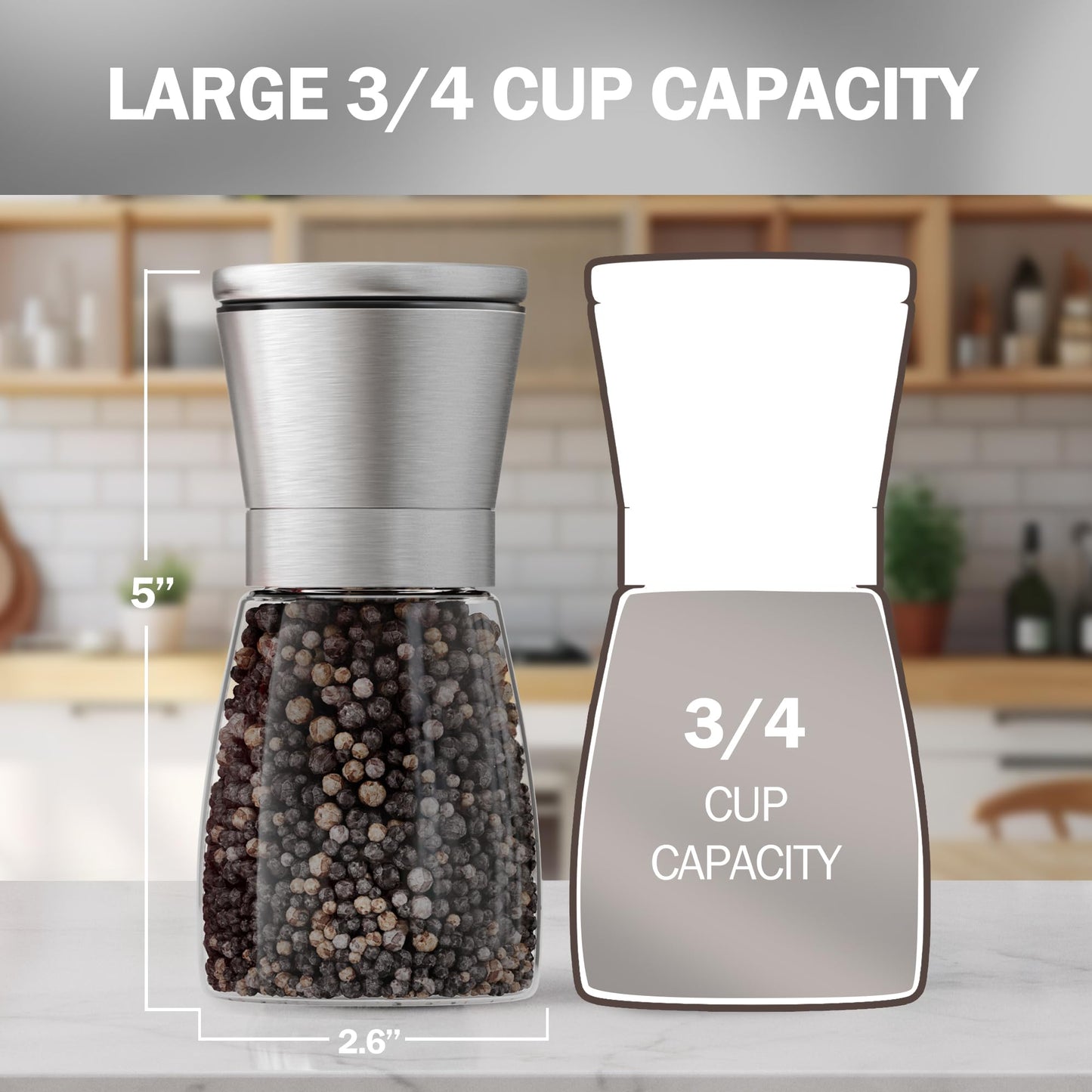 Home EC Original Stainless Steel Sea Salt and Pepper Grinder Set of 2 - Adjustable Ceramic - Glass Salt and Pepper Shakers - Kitchen Pepper Mill & Salt Mill W/Funnel & EBook