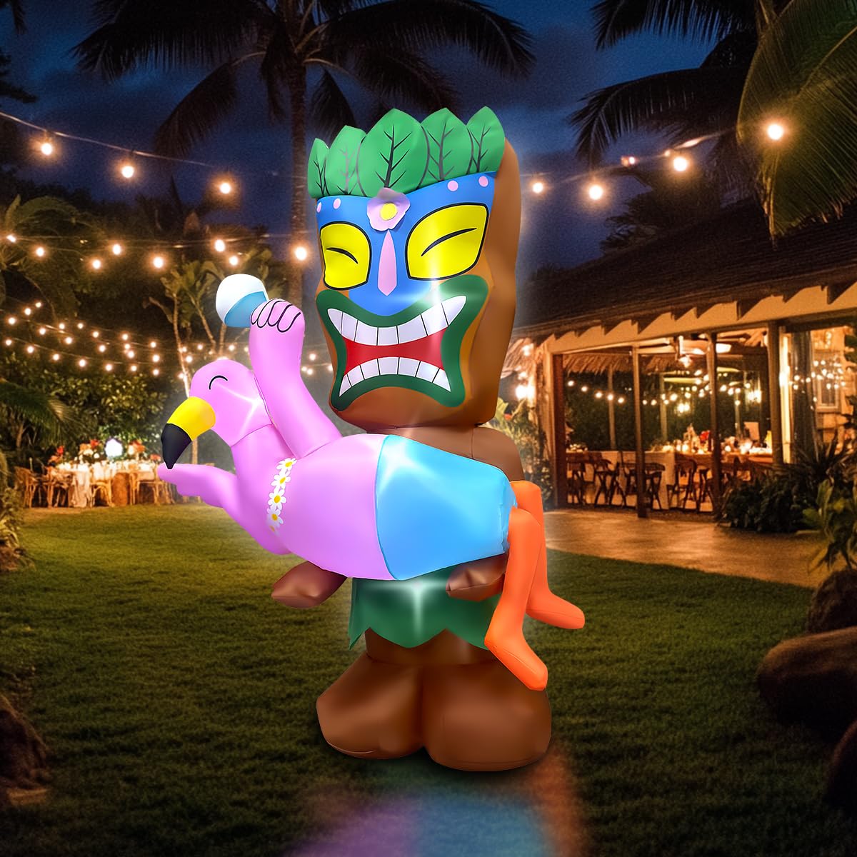 bbioc 5FT Tiki Luau Inflatables Decorations, Tiki Holding Flamingo Blow up Party Beach Decor Hawaiian Party Giant Yard Decoration, Outdoor Built-in LED Lights Lawn Holiday Summer Tropical Outside