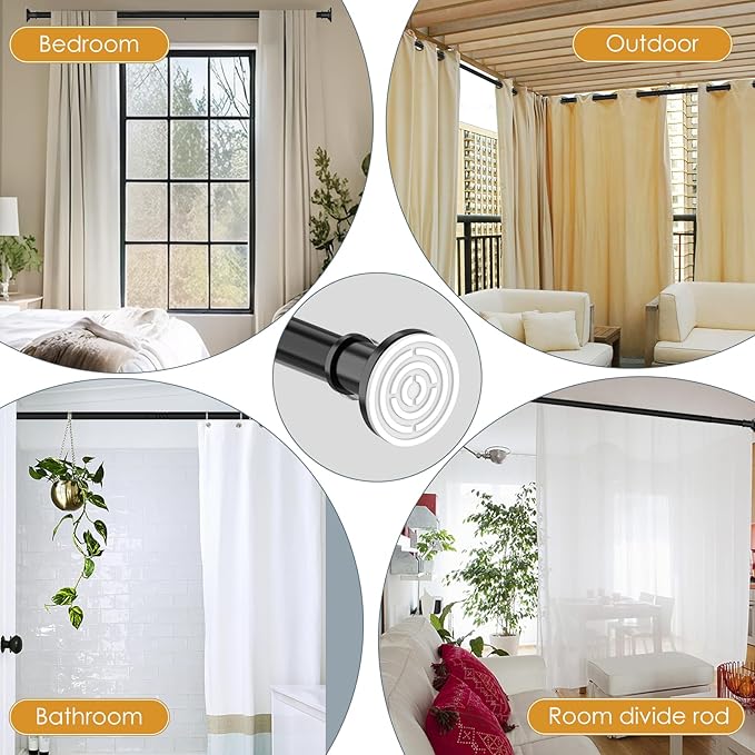 Black Long Curtain Rod Tension Shower Curtain Rods 30 to 120 inch Adjustable Spring Heavy Duty Rods for Bathroom Windows Outdoor No Drill No Slip Spliced and Telescopic Design