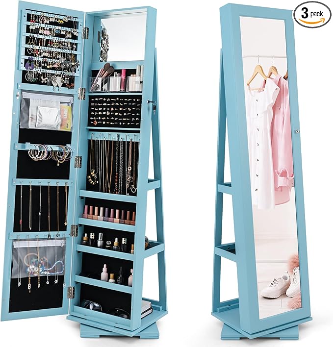 360Â° Swivel LED Mirror Jewelry Cabinet with Full Length Mirror, Lockable Floor Standing Mirrored Jewelry Armoire Organizer w/Inside Makeup Mirror & Back Storage Shelves, Space-Saving (Sky Blue)