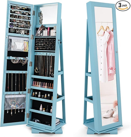 360Â° Swivel LED Mirror Jewelry Cabinet with Full Length Mirror, Lockable Floor Standing Mirrored Jewelry Armoire Organizer w/Inside Makeup Mirror & Back Storage Shelves, Space-Saving (Sky Blue)
