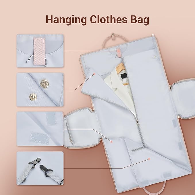 Garment Bags for Travel, Convertible Suit Travel Bag for Women, Stylish Carry On Garment Bag with Toiletry Pocket, Shoulder Strap and Shoes Compartment, 2 in 1 Foldable PU Leather Duffle Bag, Pink