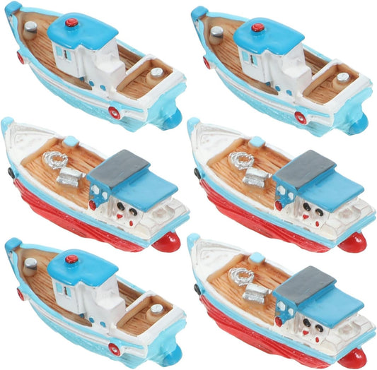 Toyvian Miniature Resin Boats, 6pcs Mediterranean Style Mini Sailing Boat Figurines Nautical Tabletop Decor for Fairy Garden Terrarium Beach Cake Topper DIY Micro Landscape