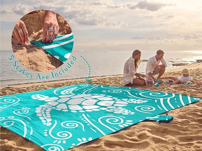 WEKAPO Beach Blanket Waterproof Sandproof Oversized Extra Large Sand Free Beach Mat with Stakes, Storage Bag - Essentials for Outdoor Beach, Picnic (Gradient Teal Sea Turtle, 8 X 7 FT (1~4 Person))