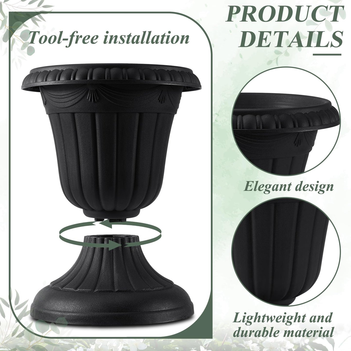 Zhehao 4 Pcs Plastic Urn Planter 10 x 11.5 Inch Black Classic Flower Pots Front Porch Planters Indoor Outdoor Planters with Pedestal for Wedding Party Bridal Shower Garden Patio Home Decor