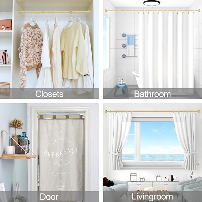 Thestoa Gold Shower Curtain Rod Adjustable 43-78 inch, 1"Diameter Spring Tension Curtain Rod No Drill, Anti-Rust Non-Slip Shower Rod for Bathroom