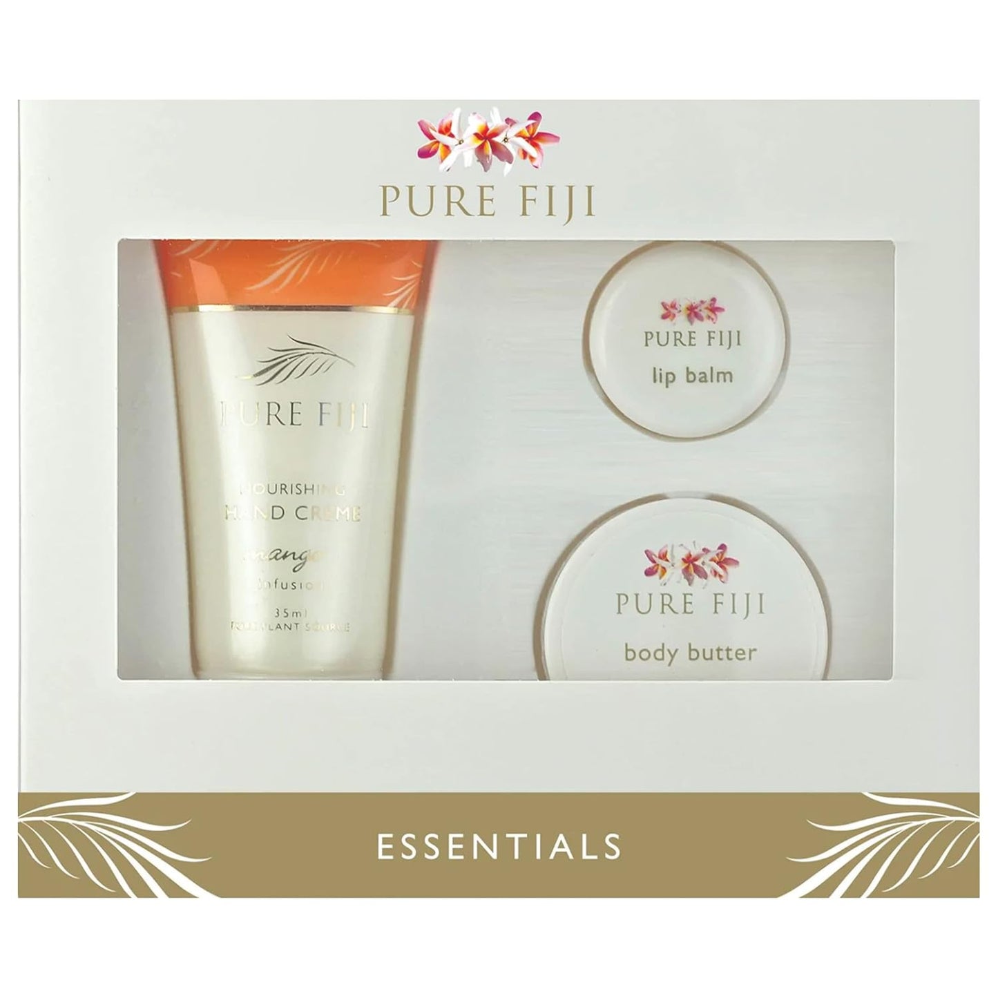 Pure Fiji Essentails Gift Set for Skin Care Hydrating Skincare Set Include - Lip Balm (0,16 Fl. Oz), Body Butter (0.50 Fl. Oz), Hand CrÃ¨me(1.18 Fl. OZ) Daily Moisturizer Set - Mango