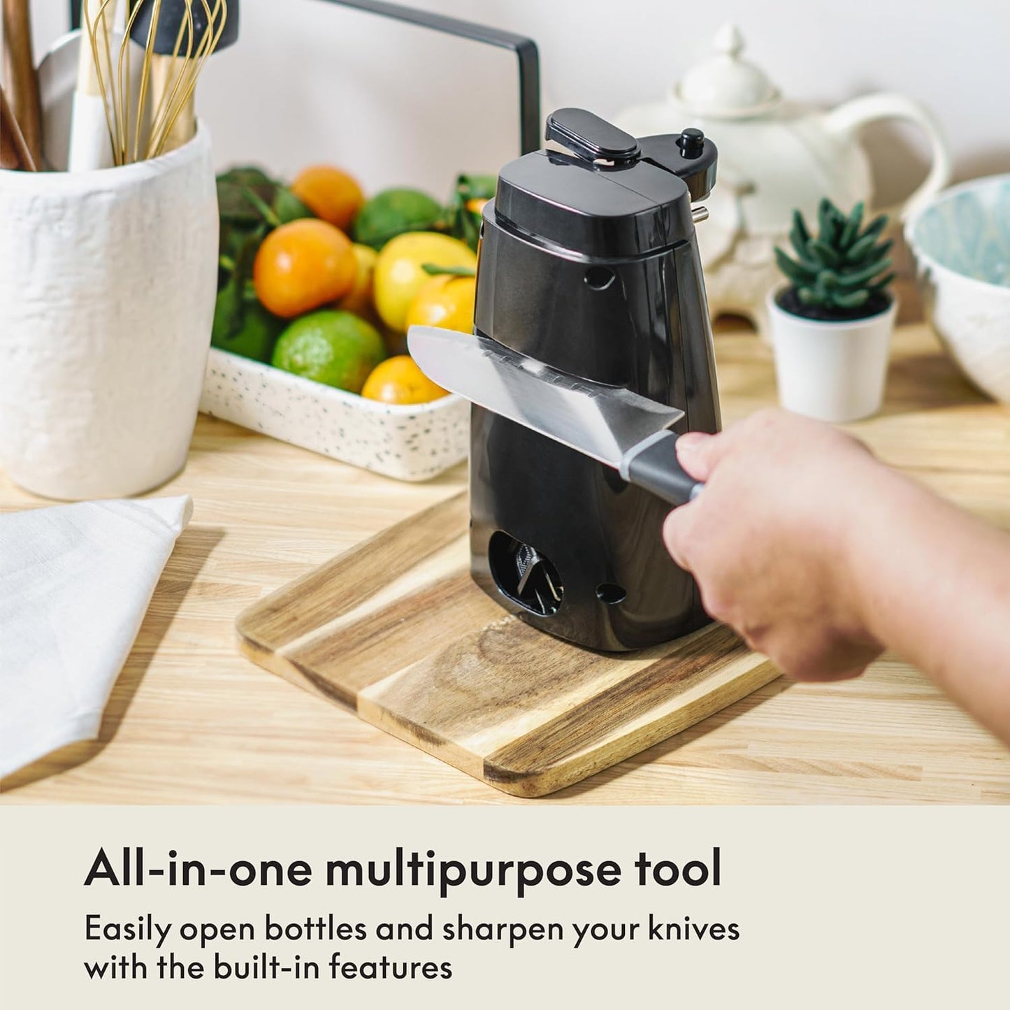 bella Electric Can Opener and Knife Sharpener, Removable Cutting Lever, Cord Storage, Stainless Steel Blade, Black