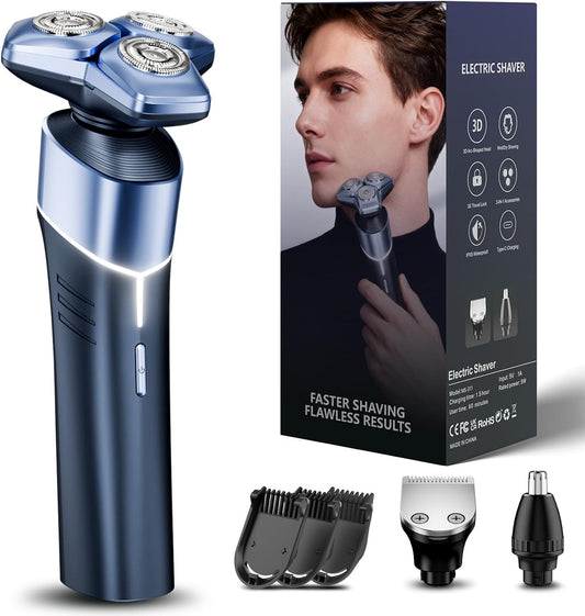 Electric Razor for Men: 3-in-1 Shaver with Hair Clipper and Nose Hair Trimmer, 10000 RPM High Speed Motor, 3D Floating Heads, USB-C Fast Charging, IPX8 Waterproof, Travel Lock, Gifts for Father