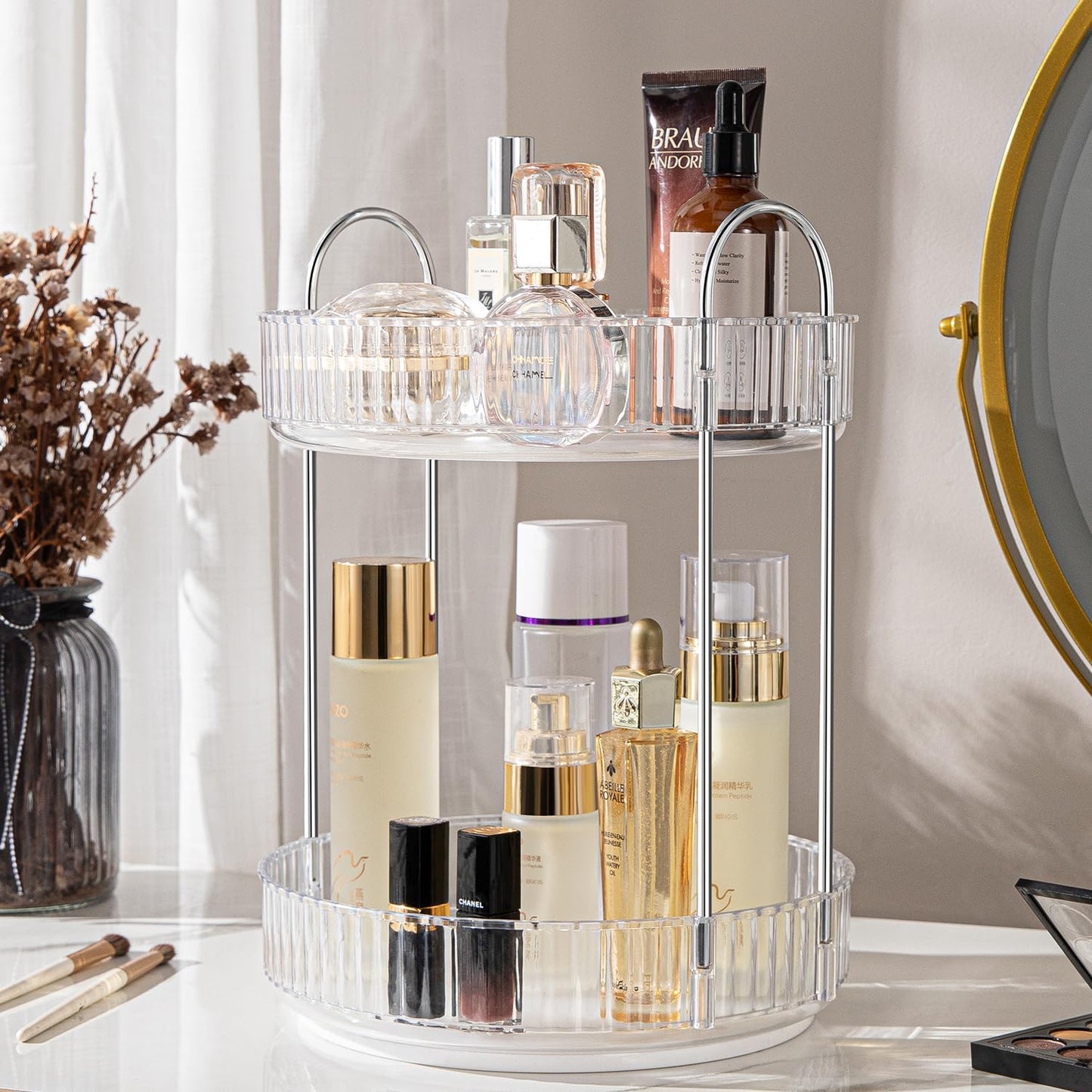 Rotating Makeup Organizer, 360° Spinning Makeup Storage Holder Rack, Dresser Bathroom Organizer Countertop, Large Capacity Perfume Skincare Lipstick Organizer for Vanity.(2 Tiers, Transparent)