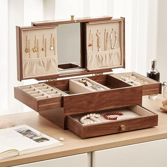 CHOSIN Black Walnut Wooden Jewelry Box for Women, 3 Level Multi-functional Drawer Organizer Box Watch Necklace Ring Earring Storage Valentine's Day Gift