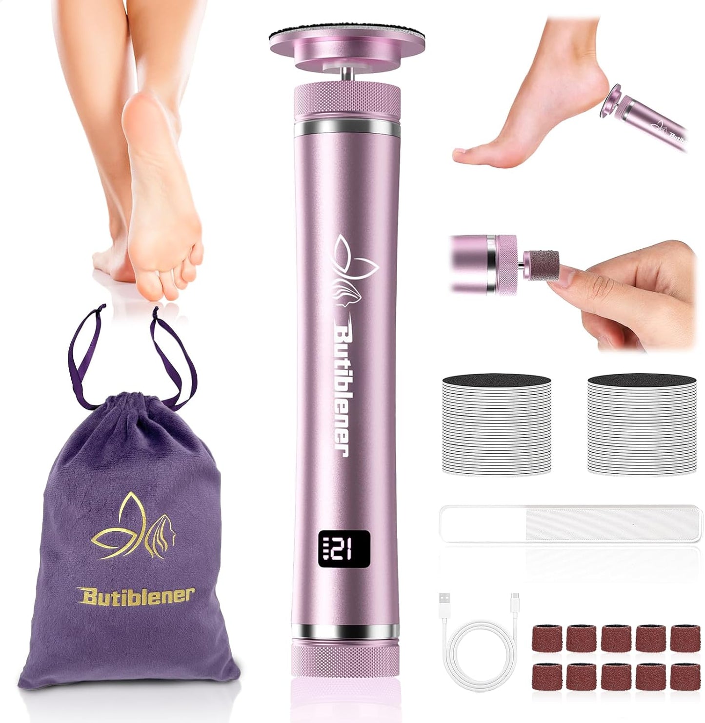 Electric Foot Callus Remover, Cordless Foot File Pedicure Tool, Foot Sander Nail Grinder with 60+10PCS Sandpapers for Dead Skin Dry Calluses, 3 in 1 Foot Scrubber & Nail File(Pink)