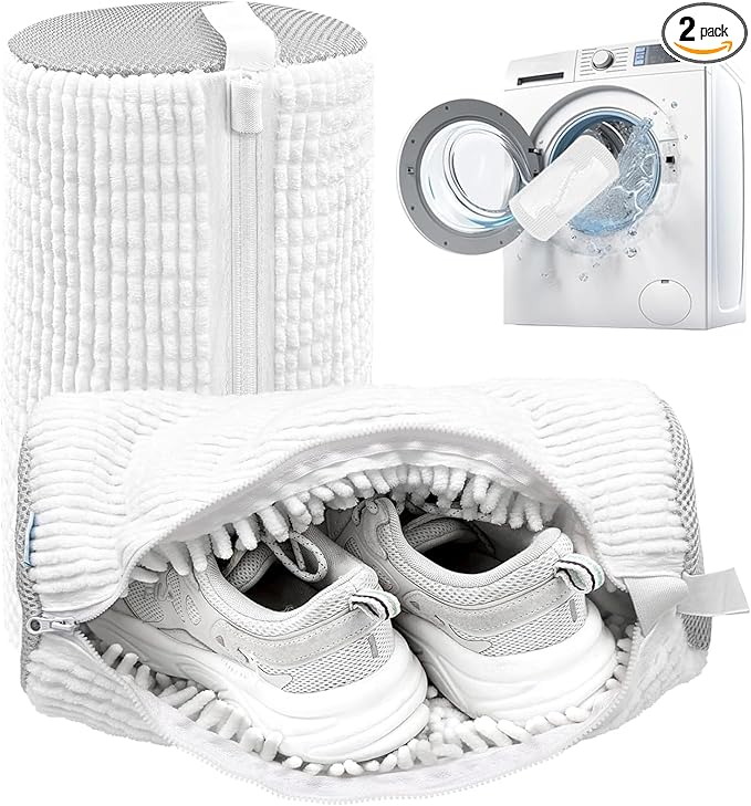 Shoe Washing Machine Bag,Laundry Shoe Bag for Washer and Dryer,Reusable Shoe Cleaning Bag for Sneakers,Tennis Shoes,With Self-locking Zipper, Microfiber Inside (Lite White - 2 Pack)