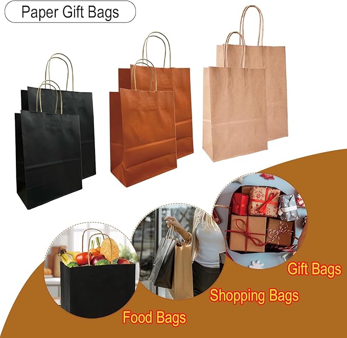 BAG BOX 100 Pack Medium 5.9x3.1x8.25Inch Black Kraft Paper Gift Bags with Handles for Bulk Shopping, Retail, Craft, Party Favors, Wedding, Grocery & Sacks