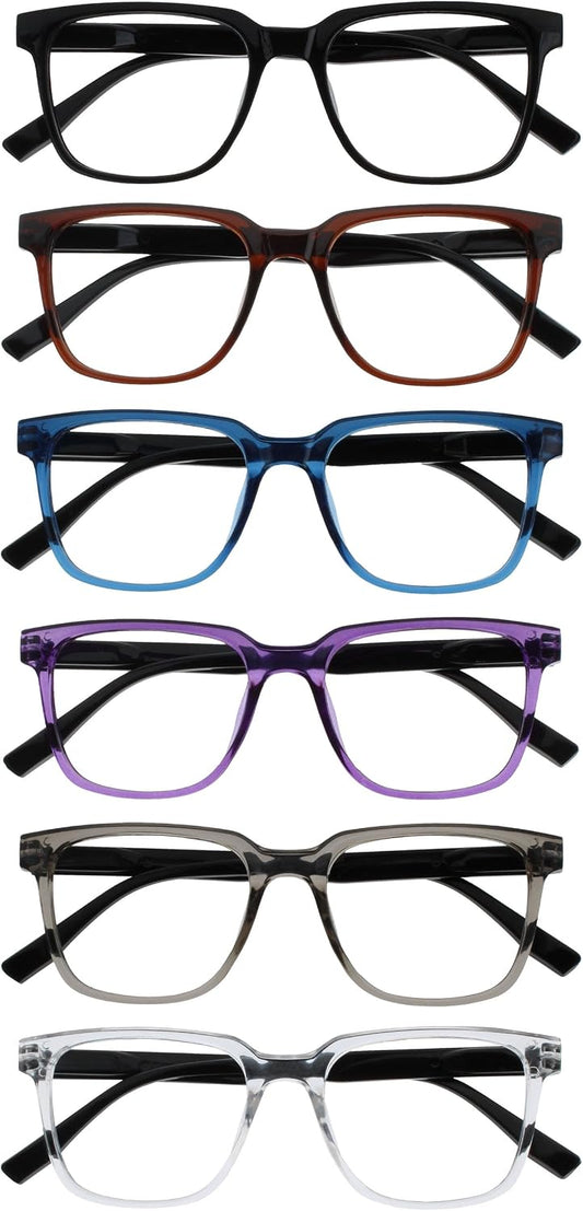 OPULIZE LEO Reading Glasses for Women Men, Large Rectangular Frame with Spring Hinges, Black Brown Blue Purple Grey Clear +1.50 (Pack of 6)